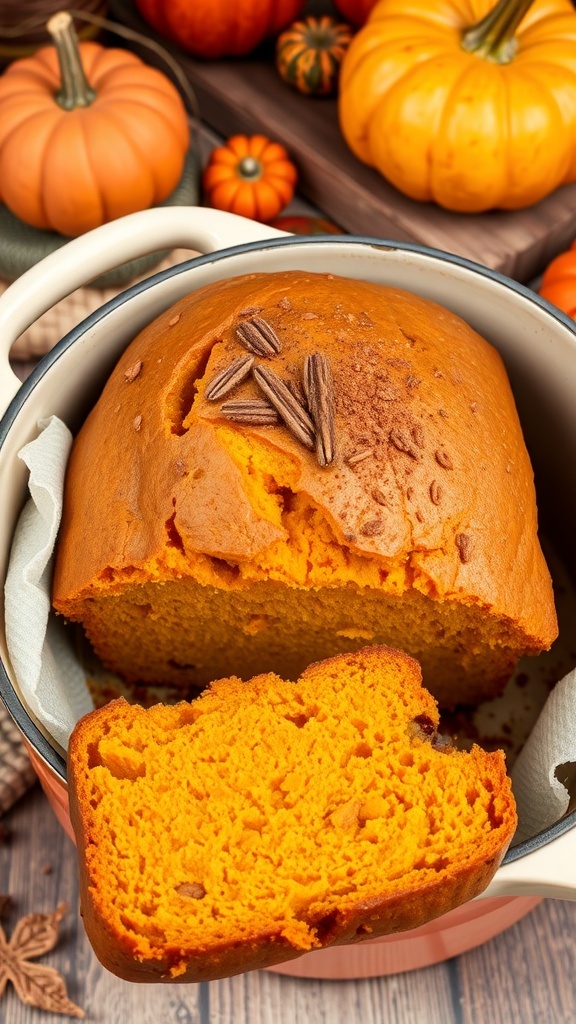 A loaf of pumpkin bread in a Dutch oven with a slice cut out, showcasing its moist texture, surrounded by autumn decorations.